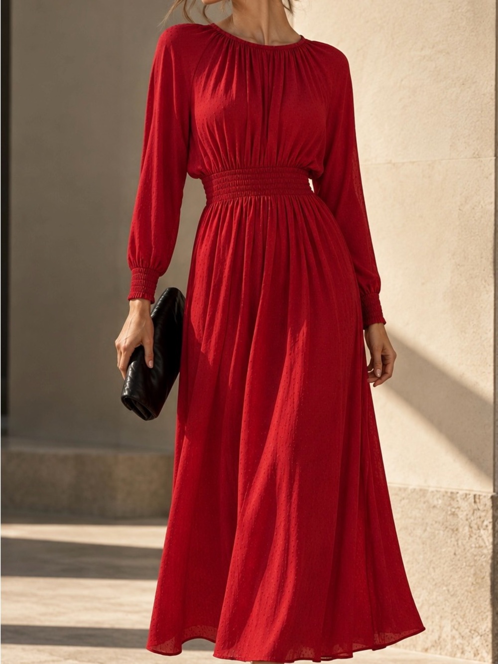 H&M Red Jacquard Smocked Waist Midi Maxi Dress XS